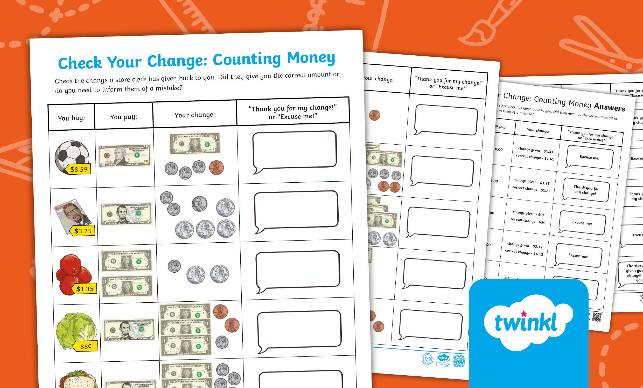 Check Your Change: Counting Money Math Worksheet for 3rd-5th Grade